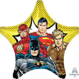 Star-shaped superhero balloon with Batman, Superman, Flash, and Aquaman