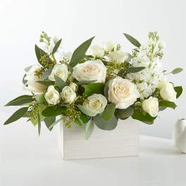 White roses and white blooms arranged in a white rectangular vase