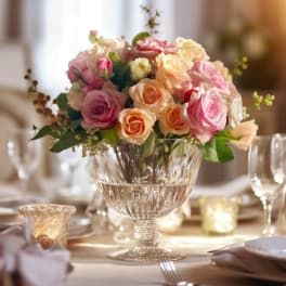 Pink and peach roses arranged in a clear glass vase on a table