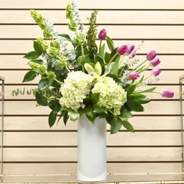 Pink tulips and pale green hydrangeas in a white vase