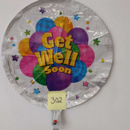 Round foil balloon reading "Get Well Soon" in bright colors