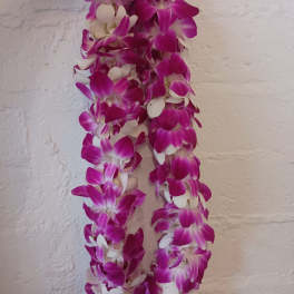 Two strands of purple and white orchid blossoms hanging vertically