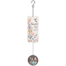 Hanging memorial wind chime with floral and hummingbird design