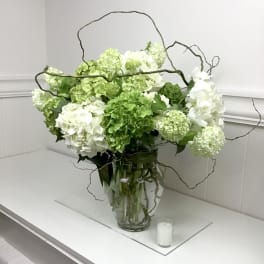 White and green hydrangea arrangement in a glass vase with curly branches