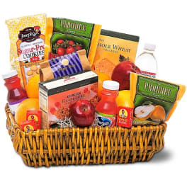 Gift basket with crackers, cookies, fruit, and juice bottles