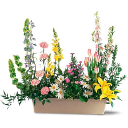 Mixed flower arrangement in a rectangular beige planter