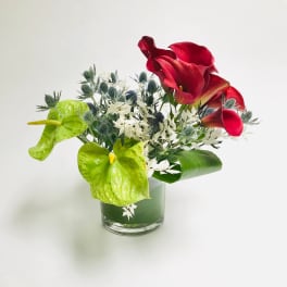 Red and green calla lilies in a glass vase with white filler flowers