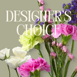 Mixed stems of white roses and colorful carnations with text reading Designer's Choice