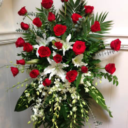 Standing floral spray with red roses and white lilies