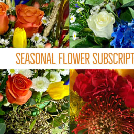 Collage of colorful flower arrangements with the text "Seasonal Flower Subscription"