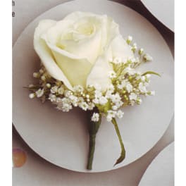 White rose boutonniere with baby's breath on a round card