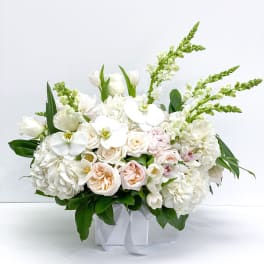White floral arrangement in a square box with pale pink roses