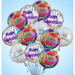 Bouquet of round 'Happy Anniversary' mylar balloons in bright mixed colors