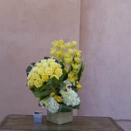 Yellow roses and orchids arranged in a square vase