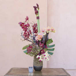 Tall orchid arrangement in a black vase with pink and white blooms