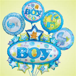 Baby boy balloons in blue and yellow with star accents