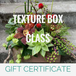Succulent and orchid arrangement in a wooden box with red accents