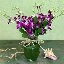 Purple orchids arranged in a green glass vase with a raffia bow