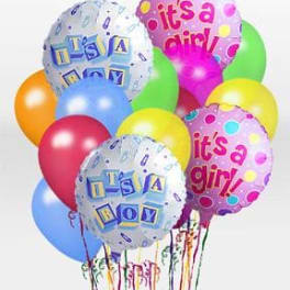 Cluster of colorful balloons with baby shower messages