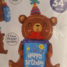 Birthday bear balloon holding a blue "Happy Birthday" gift