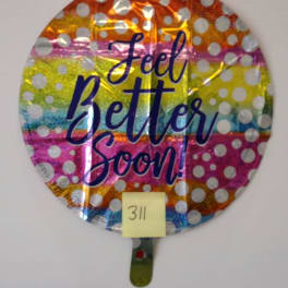 Round foil balloon with "Feel Better Soon" text and polka dots