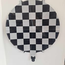 Round black and white checkered foil balloon