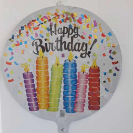 Round birthday balloon with colorful candles and confetti