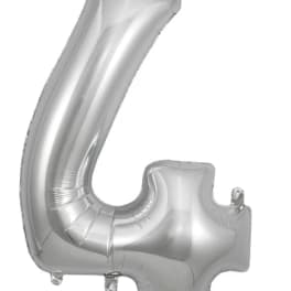 Silver foil balloon shaped like the number 4