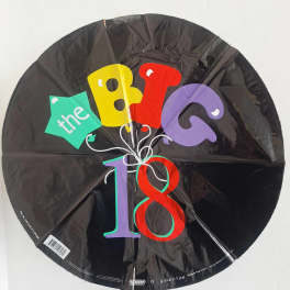 Black round balloon with colorful "the BIG 18" text
