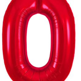 Red metallic balloon shaped like the number 0