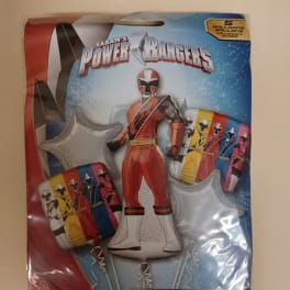 Power Rangers balloon bouquet package with red, blue, and silver balloons