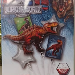 Jurassic World dinosaur balloon bouquet kit in retail packaging