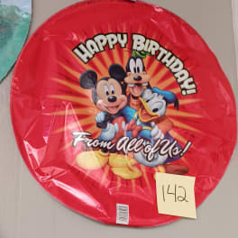 Red birthday balloon with Mickey Mouse, Goofy, and Donald Duck