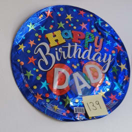 Round blue foil balloon reading Happy Birthday Dad