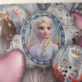 Frozen-themed foil balloons with Elsa, Anna, and Olaf