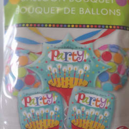 Package of birthday balloon bouquet with party-themed balloons
