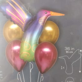 Hummingbird-shaped foil balloon with four round balloons