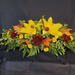 Leaves and Lilies long and low centerpiece