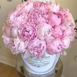 Large bouquet of pale pink peonies in a white hat box