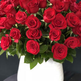 Large arrangement of red roses in a white vase against a dark background