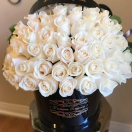 Round black hatbox filled with tightly packed cream white roses