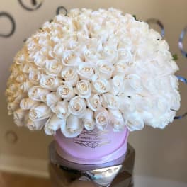 Large dome of white roses arranged in a round pink hatbox-style container on a pedestal