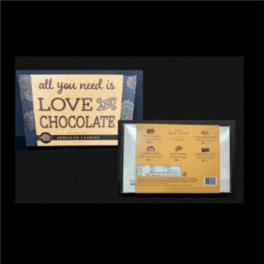 Two chocolate gift boxes on a dark background, one labeled "all you need is LOVE and CHOCOLATE"