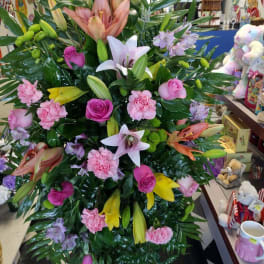 Large mixed bouquet with lilies, roses, and carnations