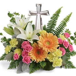 Mixed bouquet with white lilies, pink roses, and orange gerbera daisies