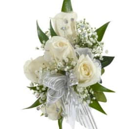 White rose bouquet with baby's breath and silver ribbon