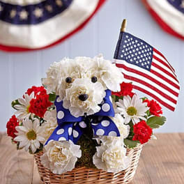 White floral dog arrangement in a basket with red carnations and an American flag