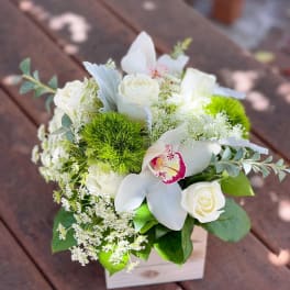 White roses and orchids in a small wooden box