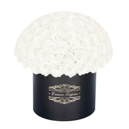White rose bouquet in a black round box