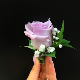 Lavender rose boutonniere with white baby's breath and green leaves